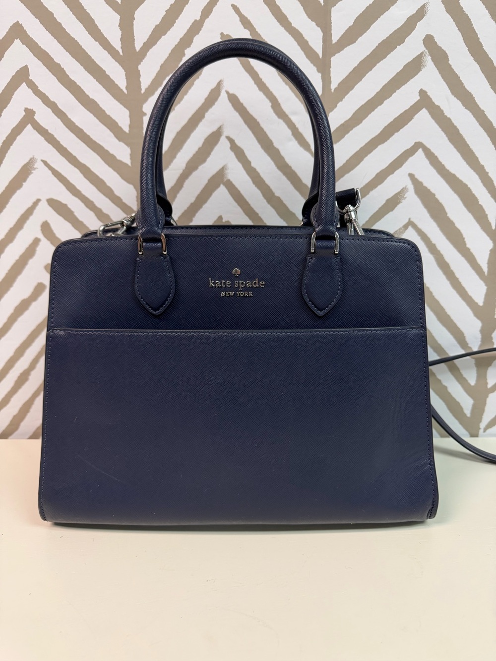 Kate Spade Madison Navy Blue Medium Satchel with Crossbody Strap